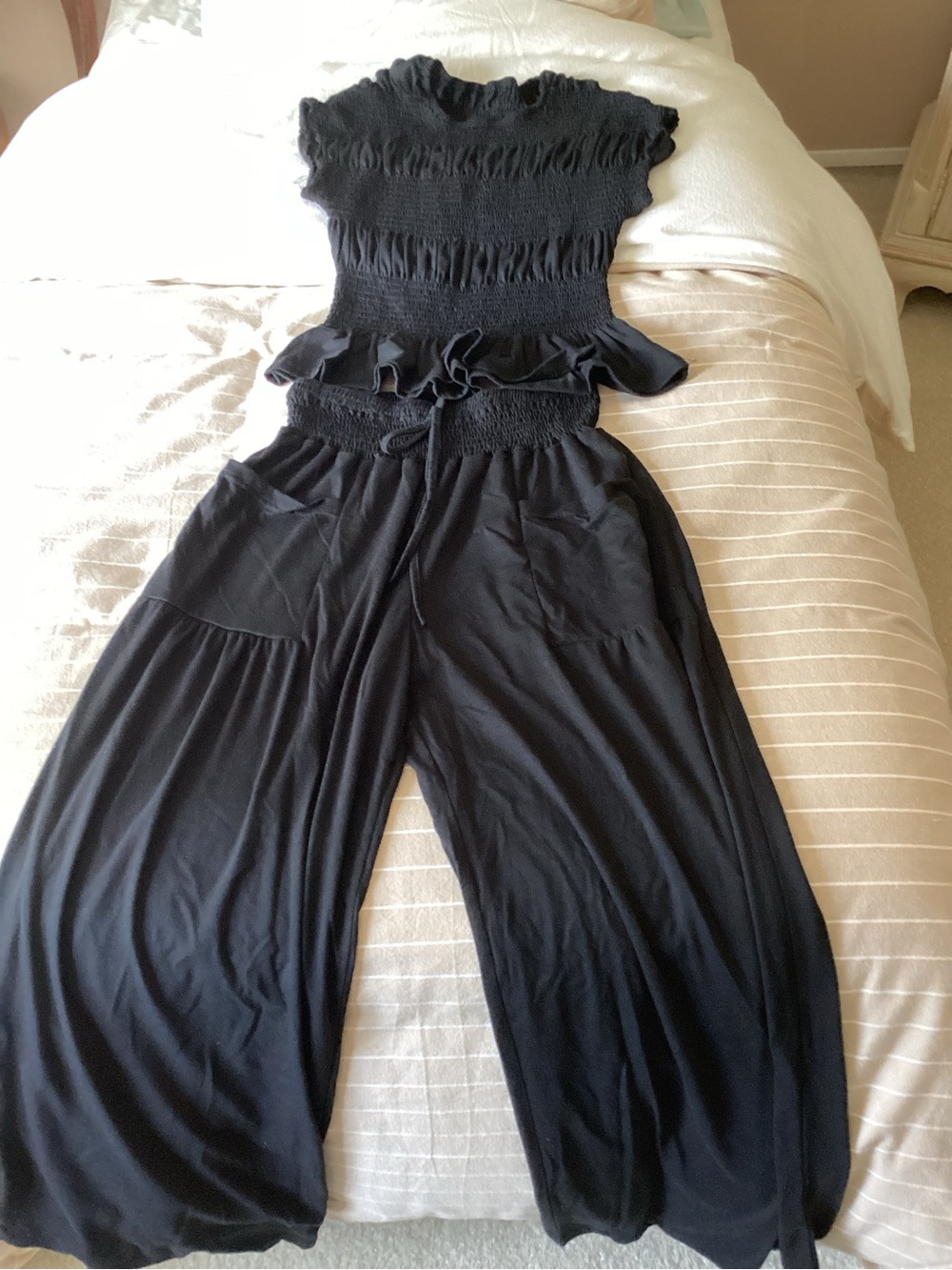 Women's Black Smocked Waist Pantsuit